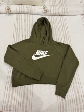 Nike Olive Green Cropped Pullover Hoodie with White Swoosh